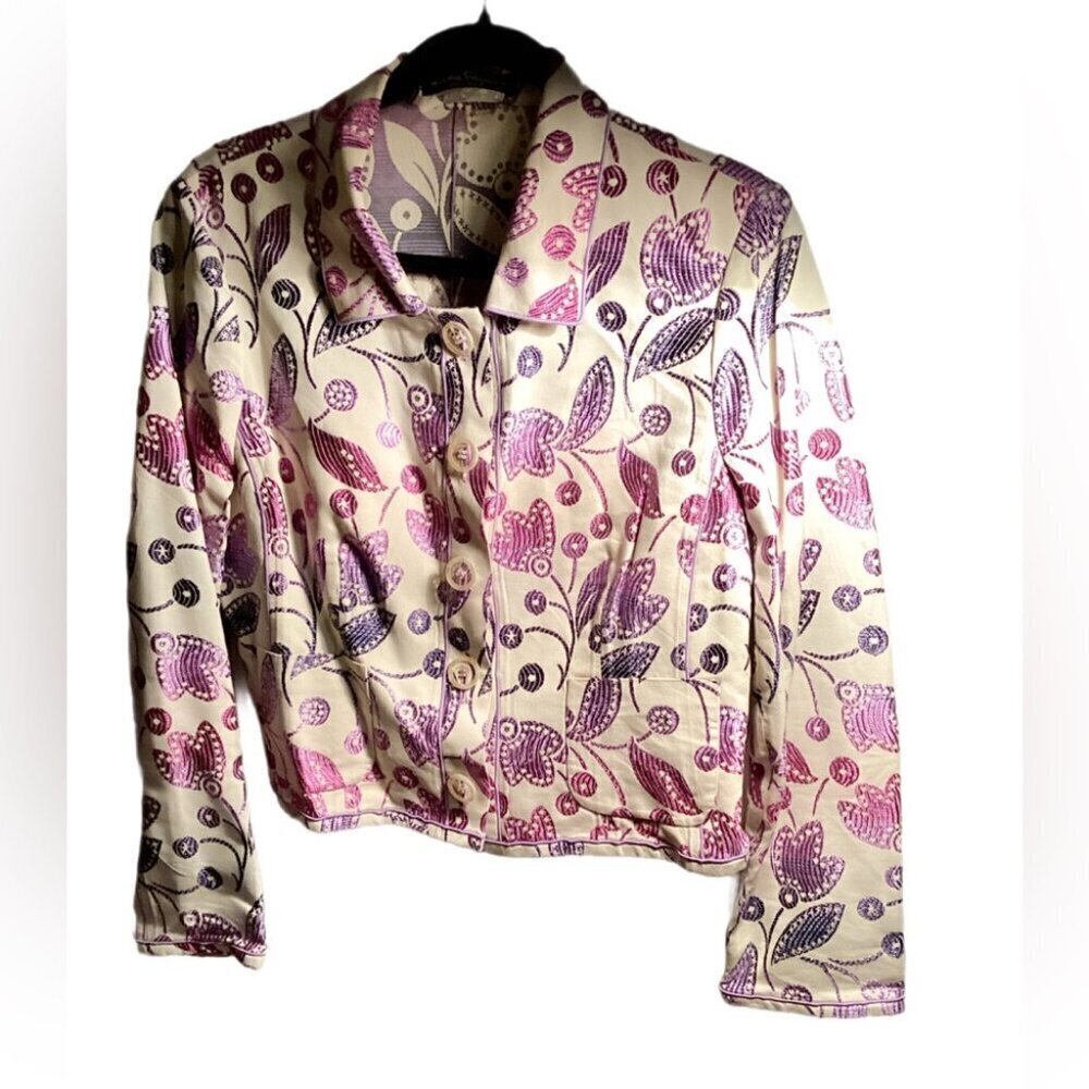 Salvatore Ferragamo Jacket and Skirt Set Embroidered Trim Lilac Piping - Picture 2 of 8